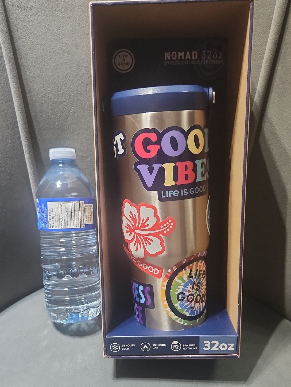 Life Is Good Stainless Steel Tumbler with Blue Lid and Multicolor Sticker Art